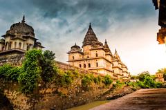 view of Orchha Fort on a hill with clear blue sky