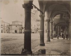 Bologna Piazza and Church of San Stefano with colonnade and people