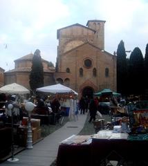 Saint Stephen's Basilica in Bologna, Italy, Piazza Santo Stefano square, facade of Chiesa del Crocifisso, Basilica del Santo Sepolcro on the left