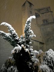 Babote Tower in the snow with lights