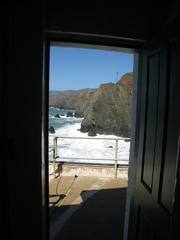 view north from entrance of Point Bonita Lighthouse with radar tower in the distance