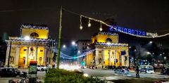 Porta Venezia monument in Milan decorated with Christmas lights at night