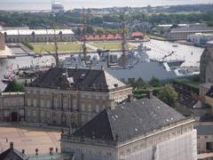 Danish warship L16 Absalon at the pier below Amalienborg seen from the Marble Church