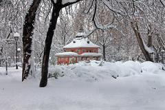 Casita del Pescador in Retiro Park, Madrid after snowfall