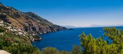 Amalfi Coast landscape with lake, mountains, and hillside towns