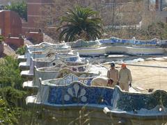 Park Guell entrance with colorful mosaic tiles in Barcelona