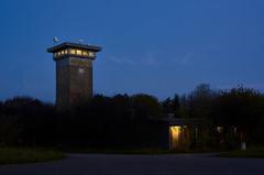 Tower building at former NATO missile station Hombroich in Neuss during blue hour