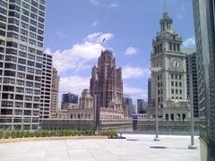 Wrigley Building clock tower and Tribune Tower from Sixteen at Trump International Hotel and Tower in Chicago