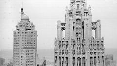 Tops of Hotel Intercontinental and Tribune Tower in Chicago