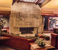 Hollyhock House living room and fireplace designed by Frank Lloyd Wright