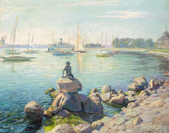 Robert Panitzsch's 1938 painting of Copenhagen Harbor with the Little Mermaid