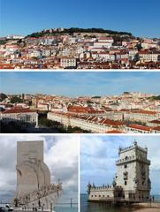 Lisbon photo montage featuring Castle of São Jorge, Rossio, Monument to the Discoveries, and Tower of Belém