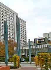 Symbolic pillars of the footbridge connecting the small and large Warsaw ghetto on Chłodna Street