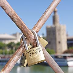 Seville love affair scene with scenic architecture and palm trees