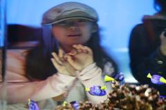 A young girl named Sakurako standing in front of a NIFREL aquarium display