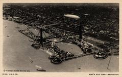 Bird's eye view of an exposition with numerous buildings and pathways