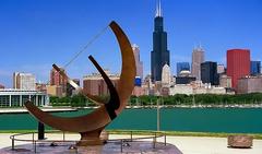 Adler Planetarium sundial with Chicago skyline in the background