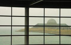 View inside Shedd Aquarium in Chicago with the Planetarium visible in the background