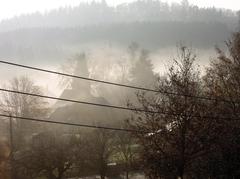 Dense autumn fog over a village