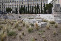 Fragments of Roman and Greek city walls in Jardin des Vestiges, Marseille