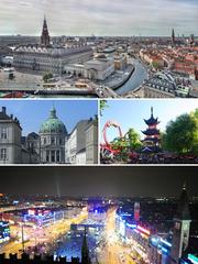 Collage of Copenhagen, Denmark, featuring Slotsholmen, Tivoli Gardens, City Hall Square, and the Marble Church.