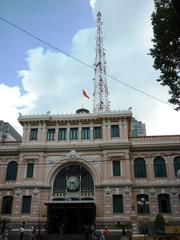 Front view of post office with antenna tower at the back