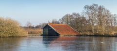 Boat house of state forestry in low moorland marshes