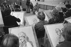 Artists at work with Minister Van Doorn posing as a model in Van Gogh Museum, 1974