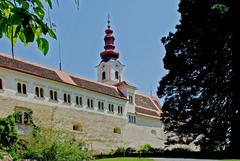 Schloss Hollenegg Westfront with church tower, Hollenegg, Styria, Austria