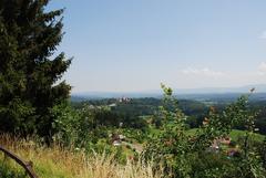 Aerial view of Schloss Hollenegg in Steiermark, Austria, showing its location as seen from Neuberg