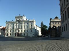 Hradčany Square in Prague in the morning with Arcibishop Palace and Prague Castle