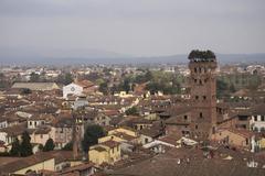 Lucca cityscape at sunset with historic architecture and Mediterranean landscape