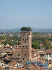 Guinigi Tower adorned with trees seen from Hours Tower