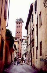 Panoramic view of Lucca cityscape featuring historic buildings and landscape