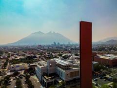 Aerial view of Cerro de La Silla and Faro del Comercio from Macroplaza in Monterrey