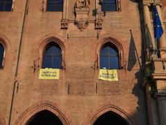 Libertà per Patrick Zaki Verità per Giulio Regeni banner on Palazzo d'Accursio Bologna