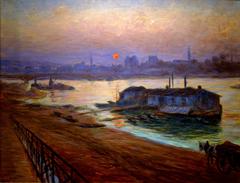 View from the outskirts of Paris showing the industrial world, factories, and port activities; in the background, the Mirabeau Bridge and the sunset over Auteuil.