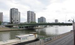 Pont de Grenelle in Paris with Île des Cygnes and left bank buildings