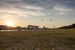 View from Poller Wiesen of the crane houses Severins Bridge and Cologne Cathedral