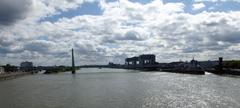 View from Deutzer Bridge of Severins Bridge and crane houses in Cologne