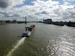 View from Deutz Bridge towards Severins Bridge and Crane Houses in Cologne