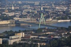 Severinsbrücke bridge in Cologne with hot air balloon floating above