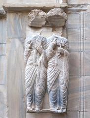 Medieval marble sculpture of two saints at Église Saint-Jean le Vieux de Perpignan