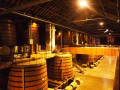 Row of large wine barrels in a cellar