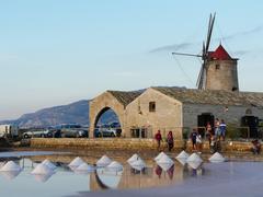 View of Saline di Trapani e Paceco Nature Reserve with salt pans and a windmill under a cloudy sky