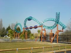 Thorpe Park rear car park entrance with rollercoaster theming