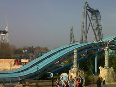 The Swarm roller coaster at Thorpe Park with skyline