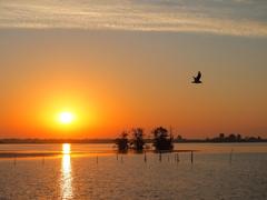 Sunrise over De Leyen artificial lake with islands