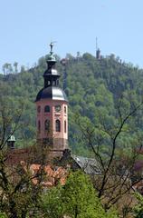 View of Merkur mountain and Stiftskirche in Baden-Baden