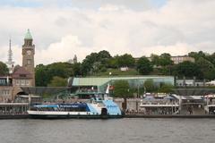 Hamburg Stintfang with Heinrich Hertz Tower, St. Pauli Landungsbrücken, Otto von Bismarck statue, and vineyard